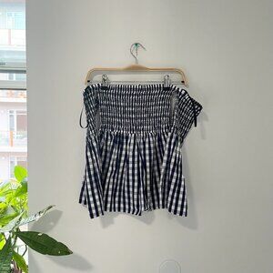 Milly Dark Blue & White Gingham Print Smocked Off the Shoulder Blouse Size Small